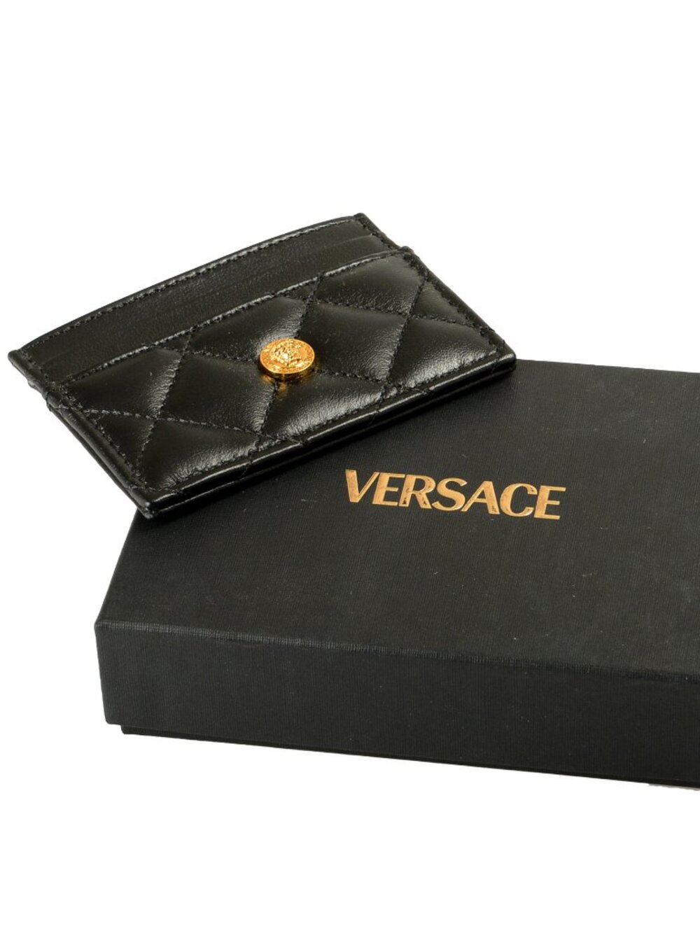 Versace Black 100% Quilted Leather Gold Medusa Card Case Holder